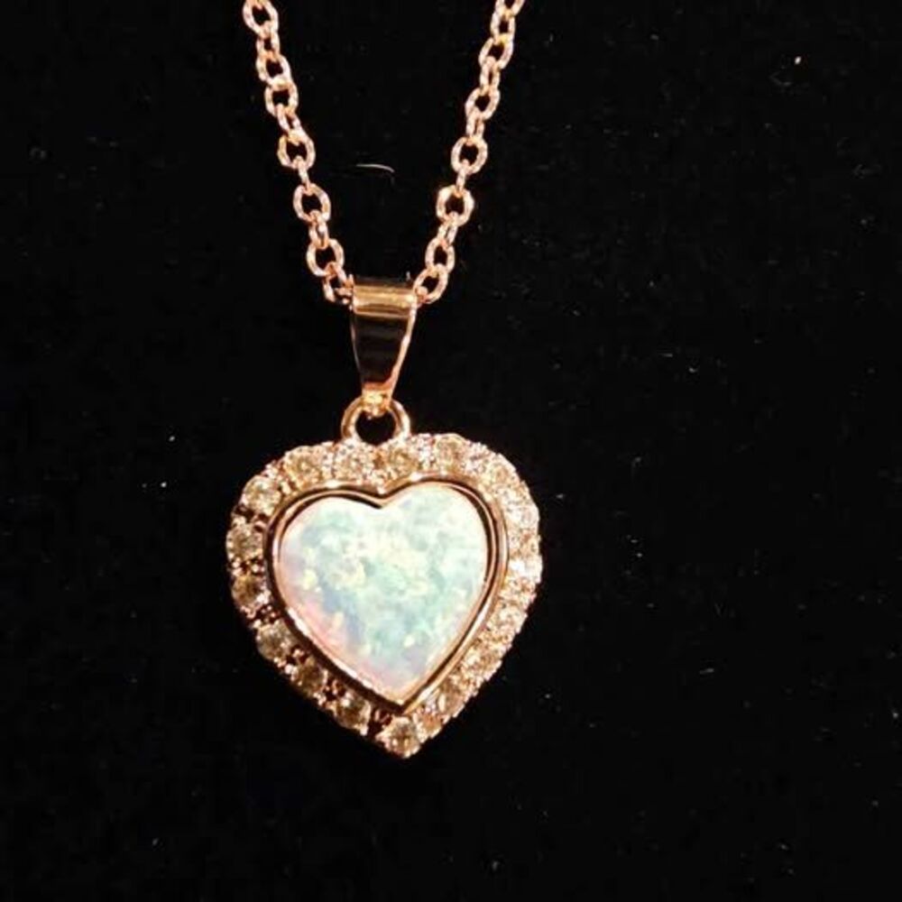 18" +2 Rose Sterling Necklace with Heart Opal and Moissanite Pendant. Brand New!